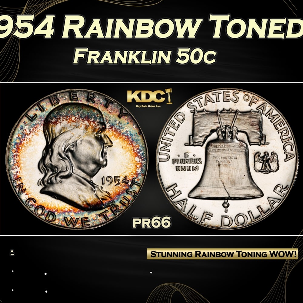 PCGS 1954 Proof Franklin Half Dollar Rainbow Toned 50c pr66 PCGS: PCGS 1954 Rainbow Toned Franklin Half Dollar 50c pr66 PCGS. 0 Historic precious metal trends is causing increased spot pricing by the day. On auctions with set openings, we are doing our best to have