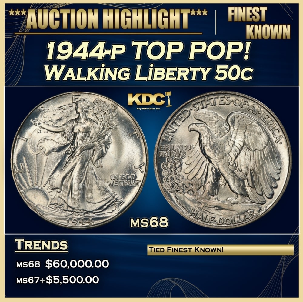 1944-p Walking Liberty Half Dollar TOP POP! 50c ms68 SEGS: 1944-p TOP POP! Walking Liberty Half Dollar 50c ms68 SEGS. Historic precious metal trends is causing increased spot pricing by the day. On auctions with set openings, we are doing our best to have ite