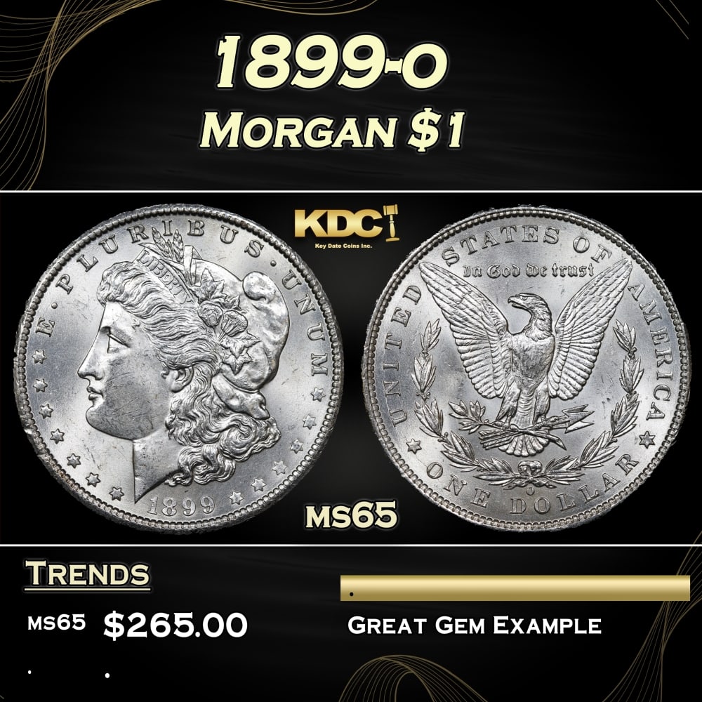 1899-o Morgan Dollar $1 Grades ms65: 1899-o Morgan Dollar $1 Grades ms65. 0 Historic precious metal trends is causing increased spot pricing by the day. On auctions with set openings, we are doing our best to have items priced at their m