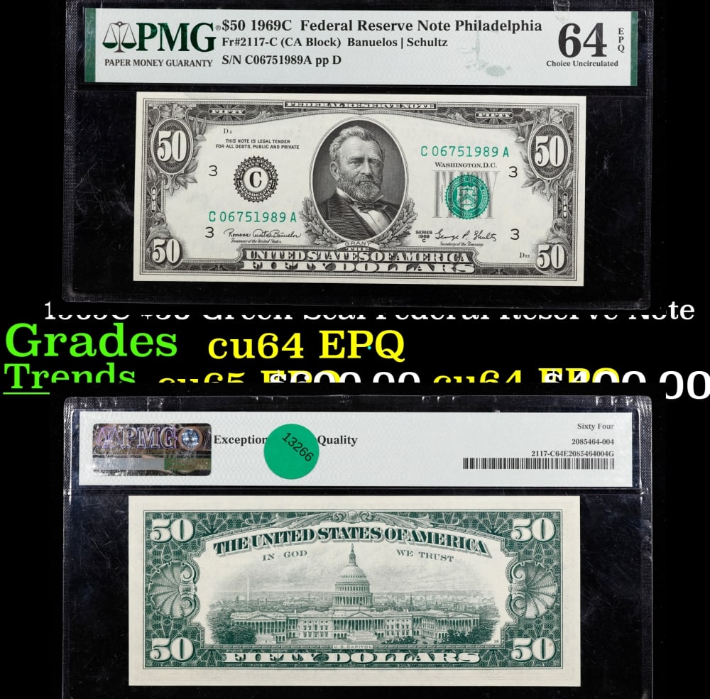 1969C $50 Green Seal Federal Reserve Note PMG: 1969C $50 Green Seal Federal Reserve Note PMG. Historic precious metal trends is causing increased spot pricing by the day. On auctions with set openings, we are doing our best to have items priced at