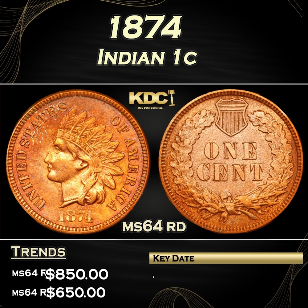 1874 Indian Cent 1c ms64 rd SEGS: 1874 Indian Cent 1c ms64 rd SEGS. According to Jaime Hernandez from PCGS, The 1874 Indian Cent is somewhat of a scarcer issue. Semi key date that in circulated grades carries a premium over the type c
