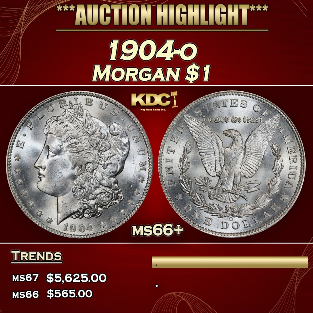 1904-o Morgan Dollar $1 ms66+ SEGS: 1904-o Morgan Dollar $1 ms66+ SEGS. Historic precious metal trends is causing increased spot pricing by the day. On auctions with set openings, we are doing our best to have items priced at their mark