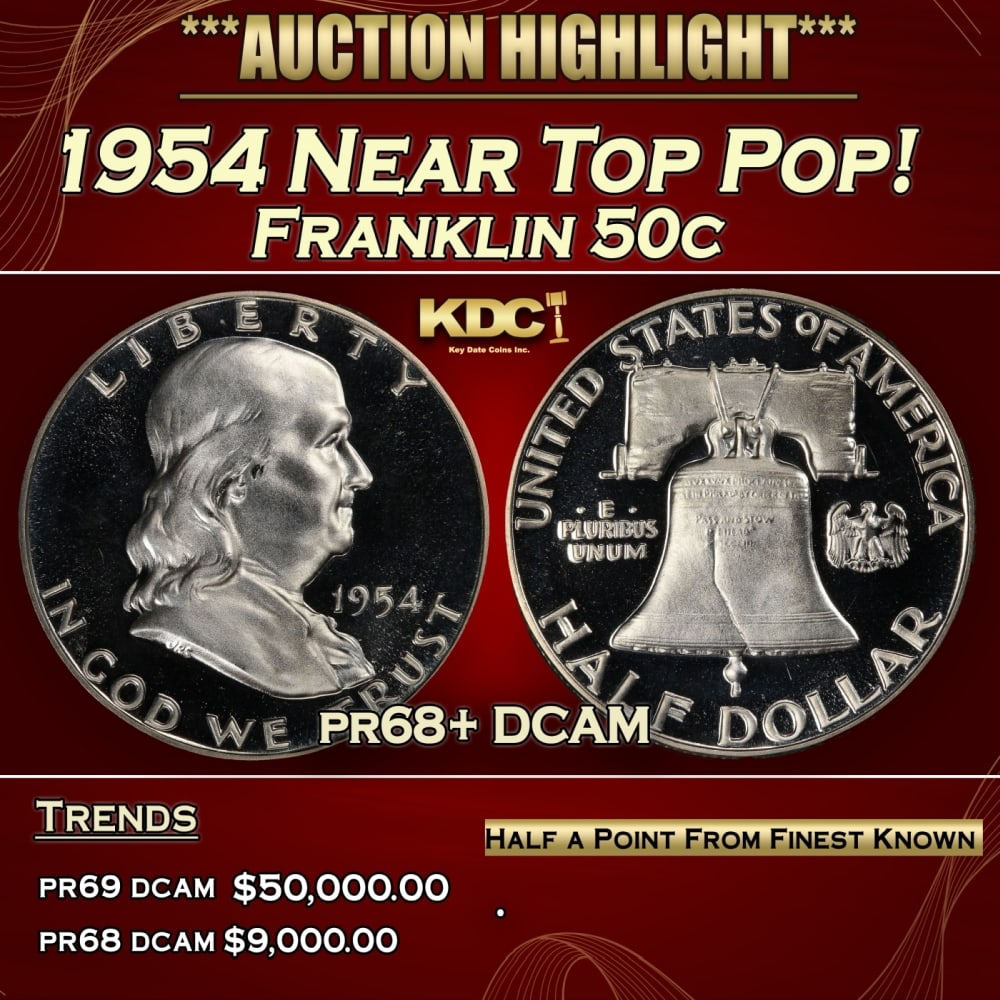 1954 Proof Franklin Half Dollar Near Top Pop! 50c pr68+ DCAM SEGS: 1954 Near Top Pop! Franklin Half Dollar 50c pr68+ DCAM SEGS. Historic precious metal trends is causing increased spot pricing by the day. On auctions with set openings, we are doing our best to have i