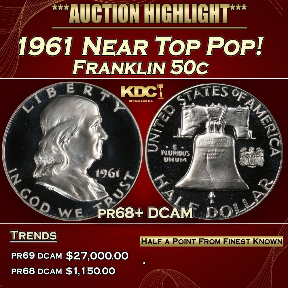 1961 Proof Franklin Half Dollar Near Top Pop! 50c pr68+ DCAM SEGS: 1961 Near Top Pop! Franklin Half Dollar 50c pr68+ DCAM SEGS. Historic precious metal trends is causing increased spot pricing by the day. On auctions with set openings, we are doing our best to have i