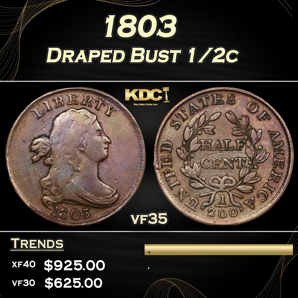 1803 Draped Bust Half Cent 1/2c vf35 SEGS: 1803 Draped Bust Half Cent 1/2c vf35 SEGS. 0 Historic precious metal trends is causing increased spot pricing by the day. On auctions with set openings, we are doing our best to have items priced at t