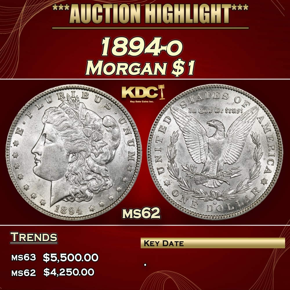 1894-o Morgan Dollar $1 ms62 USCG: 1894-o Morgan Dollar $1 ms62 USCG. Historic precious metal trends is causing increased spot pricing by the day. On auctions with set openings, we are doing our best to have items priced at their marke