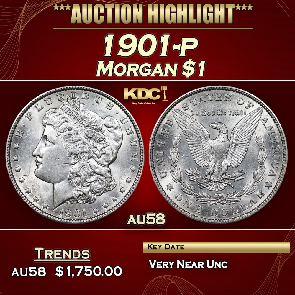 1901-p Morgan Dollar $1 au58 SEGS: 1901-p Morgan Dollar $1 au58 SEGS. 0 Historic precious metal trends is causing increased spot pricing by the day. On auctions with set openings, we are doing our best to have items priced at their mar