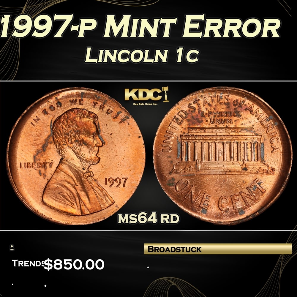 PCGS 1997-p Lincoln Cent Mint Error 1c ms64 rd PCGS (1 of 5)