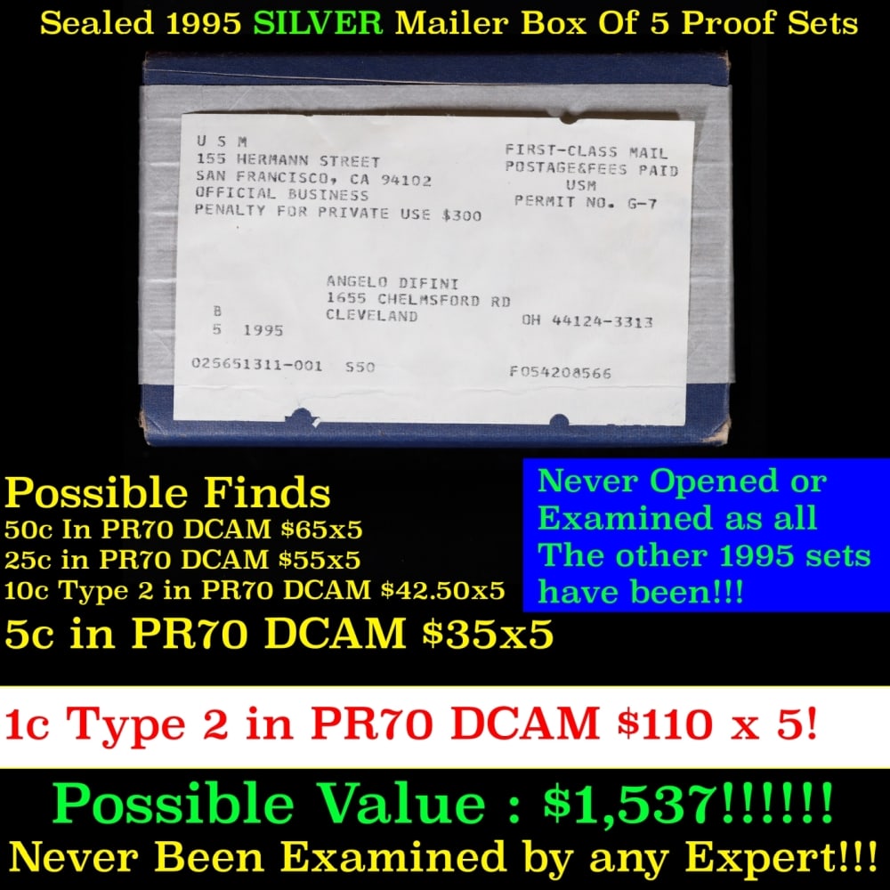 Original sealed box of 5x SILVER 1995 United States Mint SILVER Proof Sets ULTRA RARE (1 of 2)