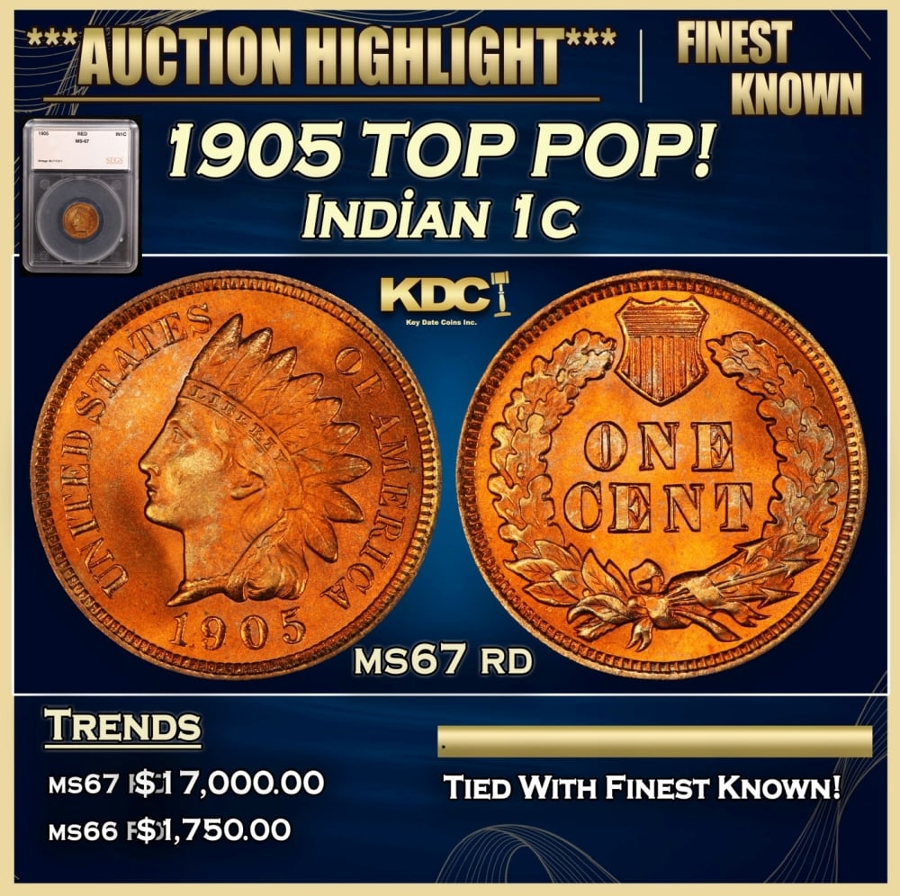 1905 Indian Cent TOP POP! 1c ms67 rd SEGS: 1905 TOP POP! Indian Cent 1c ms67 rd SEGS. Historic precious metal trends is causing increased spot pricing by the day. On auctions with set openings, we are doing our best to have items priced at the