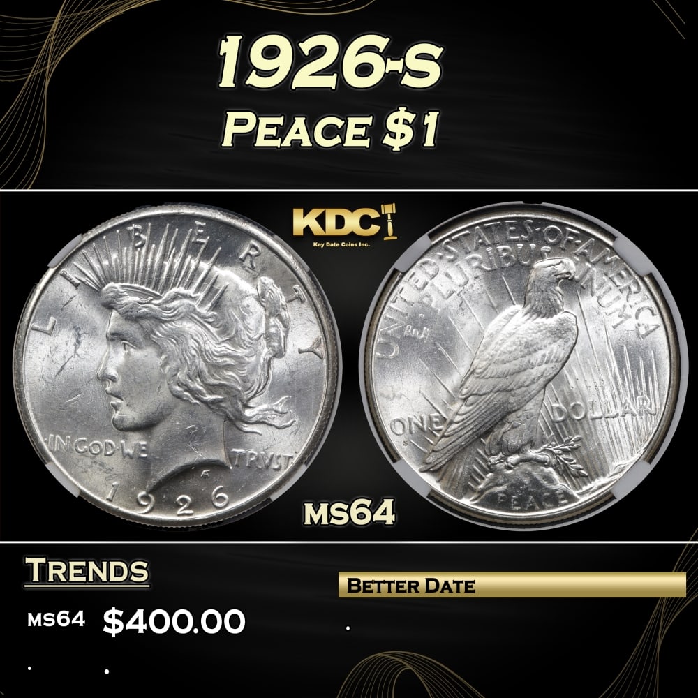 1926-s Peace Dollar $1 ms64 PGA: 1926-s Peace Dollar $1 ms64 PGA. 0 Historic precious metal trends is causing increased spot pricing by the day. On auctions with set openings, we are doing our best to have items priced at their marke