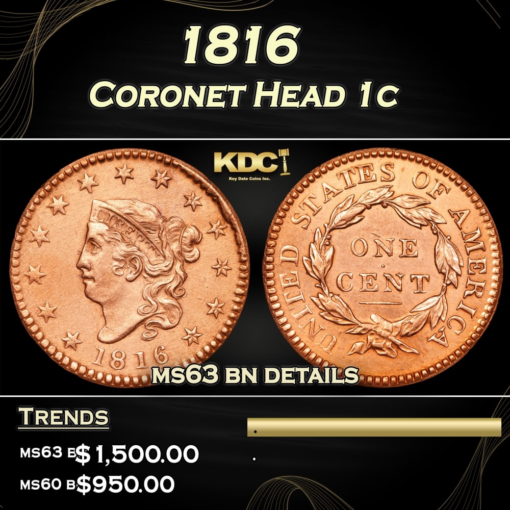 1816 Coronet Head Large Cent 1c ms63 bn details SEGS (1 of 3)