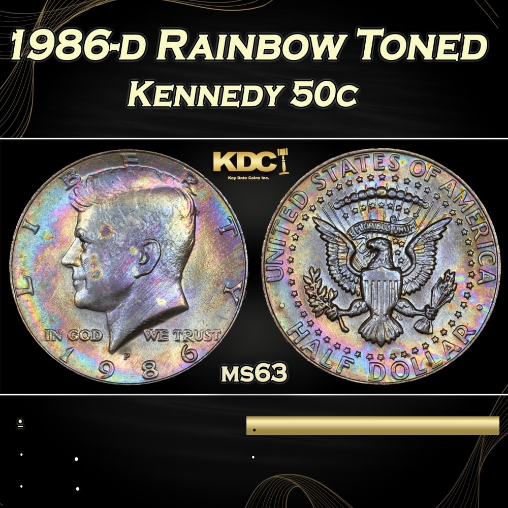 1986-d Kennedy Half Dollar Rainbow Toned 50c Grades ms63: 1986-d Rainbow Toned Kennedy Half Dollar 50c Grades ms63. A Key Date's PickHistoric precious metal trends is causing increased spot pricing by the day. On auctions with set openings, we are doing our