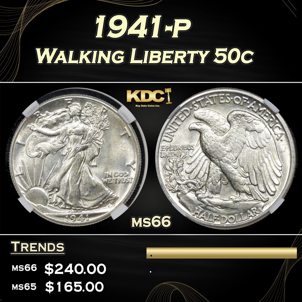1941-p Walking Liberty Half Dollar 50c ms66 PGA: 1941-p Walking Liberty Half Dollar 50c ms66 PGA. 0 Historic precious metal trends is causing increased spot pricing by the day. On auctions with set openings, we are doing our best to have items price