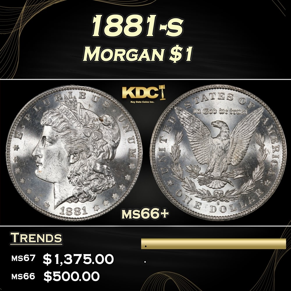1881-s Morgan Dollar $1 ms66+ SEGS: 1881-s Morgan Dollar $1 ms66+ SEGS. Historic precious metal trends is causing increased spot pricing by the day. On auctions with set openings, we are doing our best to have items priced at their mark