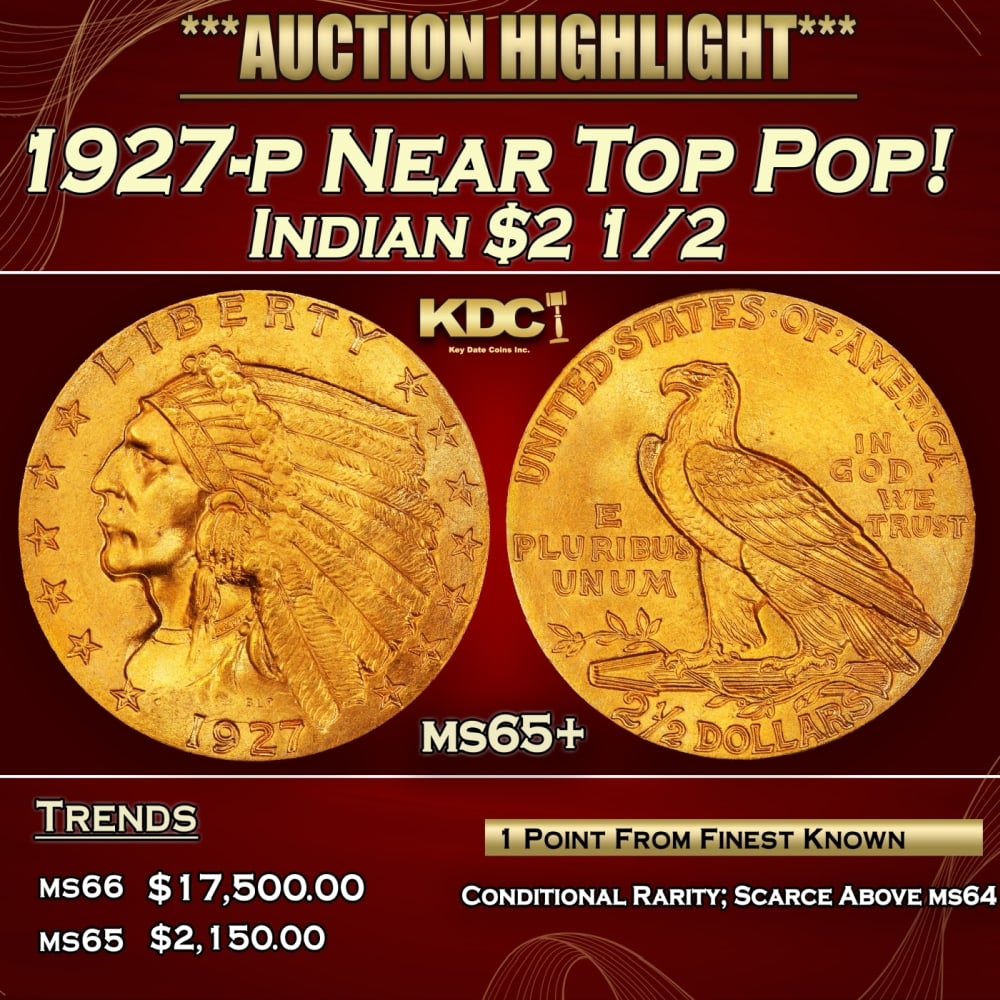 1927-p Gold Indian Quarter Eagle Near Top Pop! 2.5 ms65+ SEGS: 1927-p Near Top Pop! Gold Indian Quarter Eagle 2.5 ms65+ SEGS. Per David Akers of PCGS "The 1927 is similar in overall rarity to the 1926 and can be obtained without much difficulty in MS-65 or lower