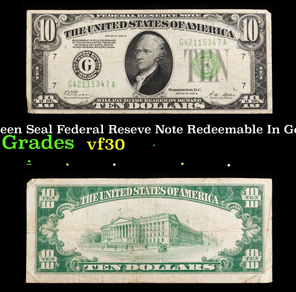 1928B $10 Green Seal Federal Reseve Note Redeemable In Gold Chicago, IL Grades vf++: 1928B $10 Green Seal Federal Reseve Note Redeemable In Gold Chicago, IL Grades vf++. Historic precious metal trends is causing increased spot pricing by the day. On auctions with set openings, we are