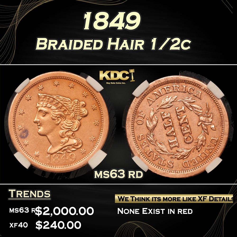 1849 Braided Hair Half Cent 1/2c ms63 rd PGA: 1849 Braided Hair Half Cent 1/2c ms63 rd PGA. Per Ron Guth of PCGS : The Braided Hair half cents boast some of the lowest mintages of any U.S. coin types and are among the best values, as well. Every