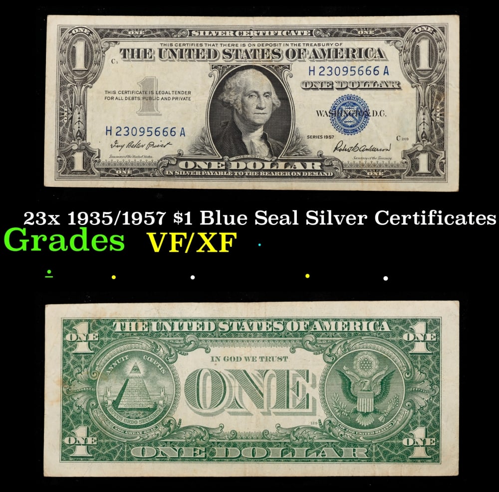 23x 1935/1957 $1 Blue Seal Silver Certificates Grades VF/XF: 23x 1935/1957 $1 Blue Seal Silver Certificates Grades VF/XF. 0 Historic precious metal trends is causing increased spot pricing by the day. On auctions with set openings, we are doing our best to have