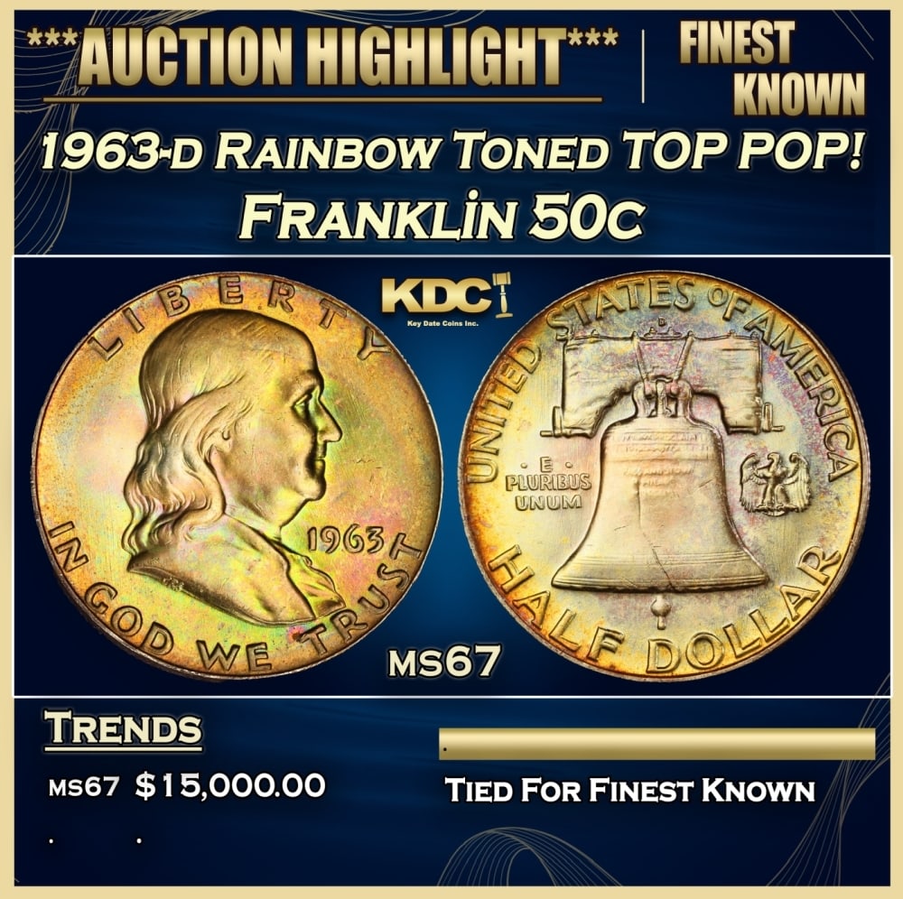 1963-d Franklin Half Dollar Rainbow Toned TOP POP! 50c ms67 SEGS: 1963-d Rainbow Toned TOP POP! Franklin Half Dollar 50c ms67 SEGS. Historic precious metal trends is causing increased spot pricing by the day. On auctions with set openings, we are doing our best to h