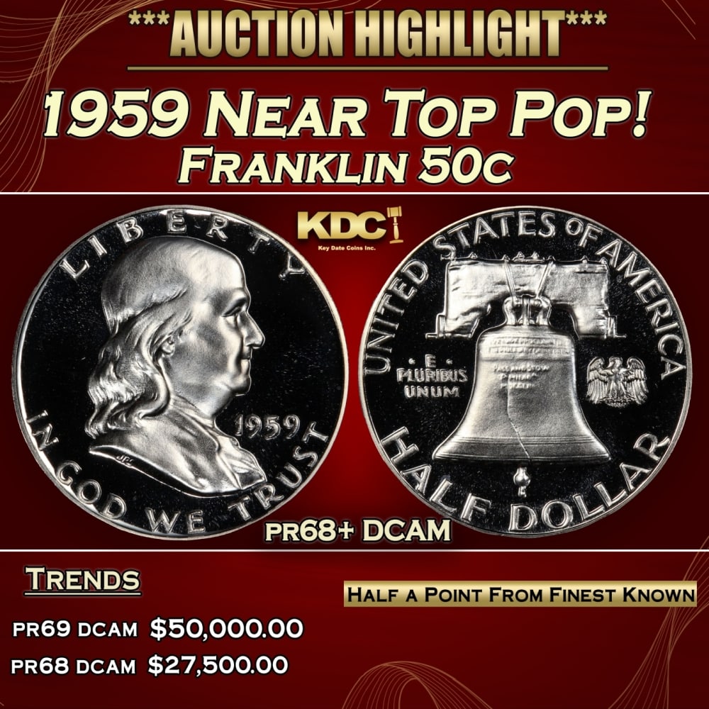 1959 Proof Franklin Half Dollar Near Top Pop! 50c pr68+ DCAM SEGS: 1959 Near Top Pop! Franklin Half Dollar 50c pr68+ DCAM SEGS. Historic precious metal trends is causing increased spot pricing by the day. On auctions with set openings, we are doing our best to have i