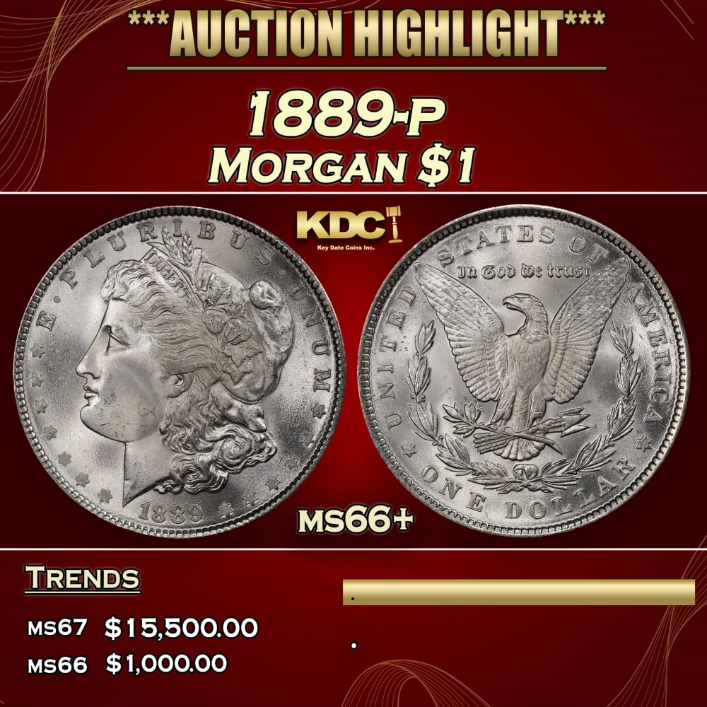 1889-p Morgan Dollar $1 ms66+ SEGS: 1889-p Morgan Dollar $1 ms66+ SEGS. Historic precious metal trends is causing increased spot pricing by the day. On auctions with set openings, we are doing our best to have items priced at their mark