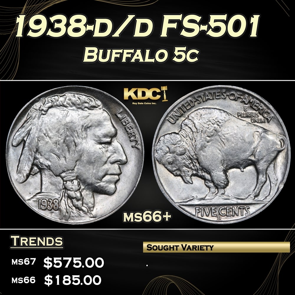 1938-d/d Buffalo Nickel FS-501 5c ms66+ SEGS: 1938-d/d FS-501 Buffalo Nickel 5c ms66+ SEGS. 0 Historic precious metal trends is causing increased spot pricing by the day. On auctions with set openings, we are doing our best to have items priced a