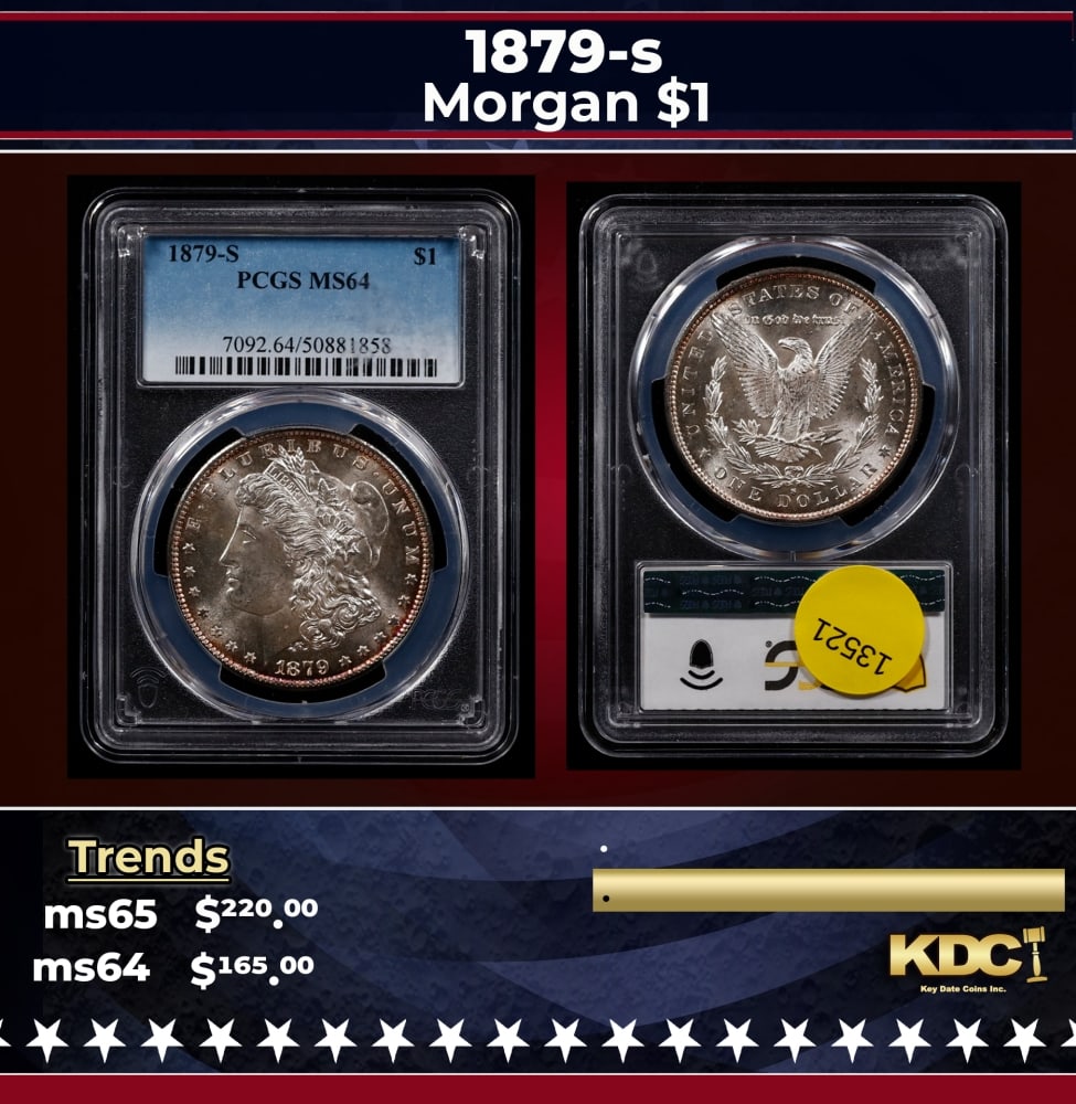 PCGS 1879-s Morgan Dollar $1 ms64 PCGS: PCGS 1879-s Morgan Dollar $1 ms64 PCGS. 0 Historic precious metal trends is causing increased spot pricing by the day. On auctions with set openings, we are doing our best to have items priced at thei