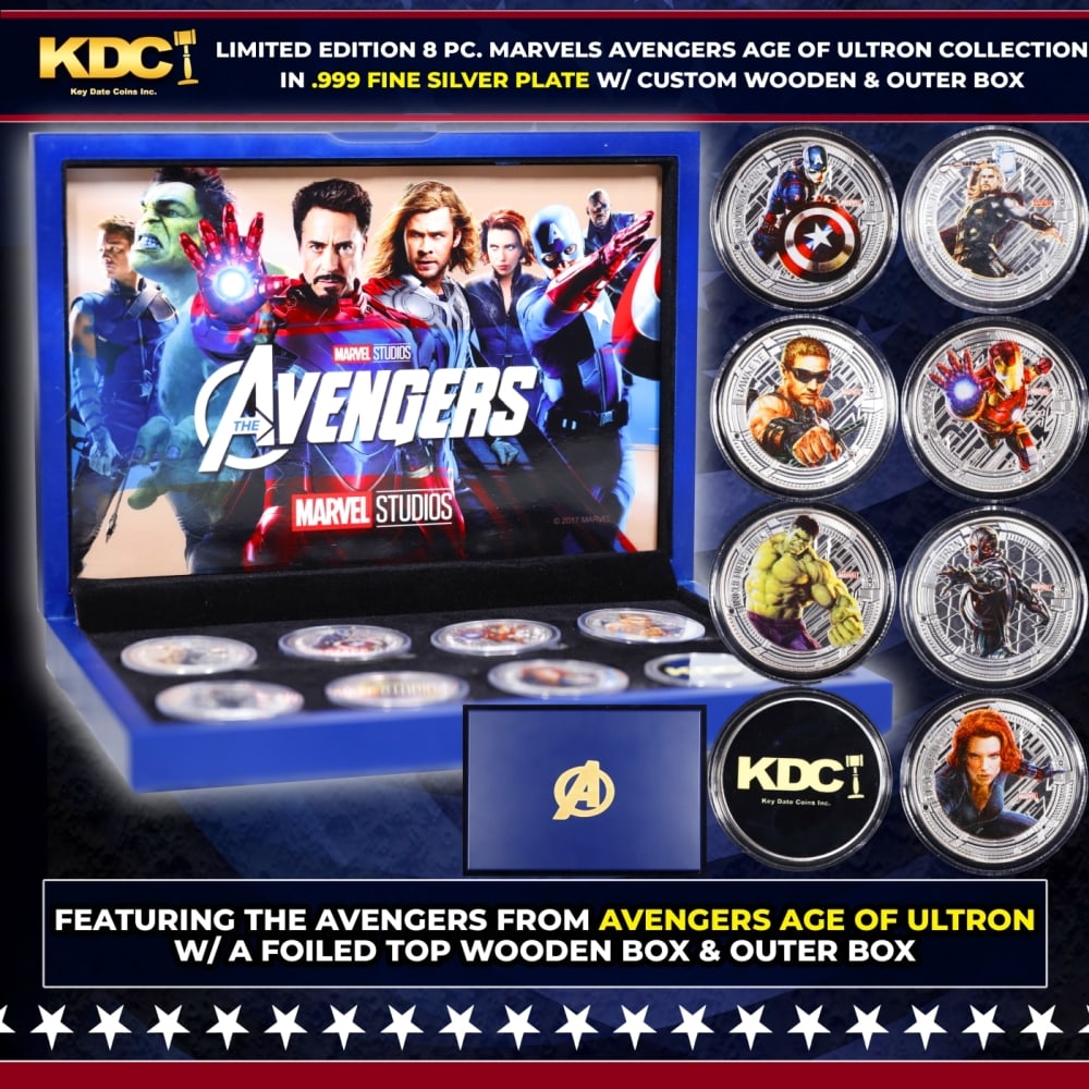 Limited Edition 8 Coin Marvel Avengers Age of Ultron Silver Plated Collection In Custom WOODEN Box: Limited Edition 8 Coin Marvel Avengers Age of Ultron Silver Plated Collection In Custom WOODEN Box W/ Special Backer card. Please Note All Backer Cards may have slight differences but will be very sim
