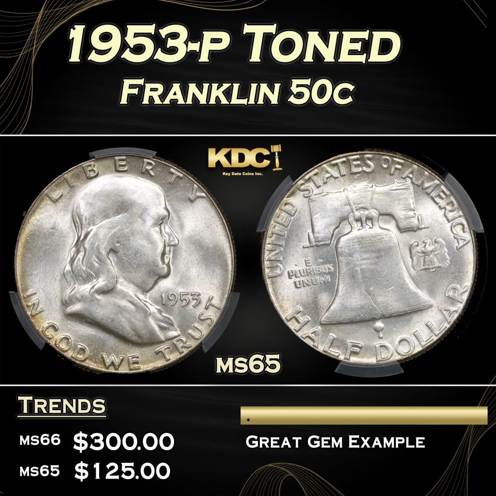CACG 1953-p Franklin Half Dollar Toned 50c ms65 CACG (1 of 5)