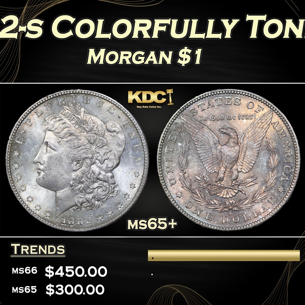 1882-s Morgan Dollar Colorfully Toned $1 Grades ms65+: 1882-s Colorfully Toned Morgan Dollar $1 Grades ms65+. 0 Historic precious metal trends is causing increased spot pricing by the day. On auctions with set openings, we are doing our best to have items
