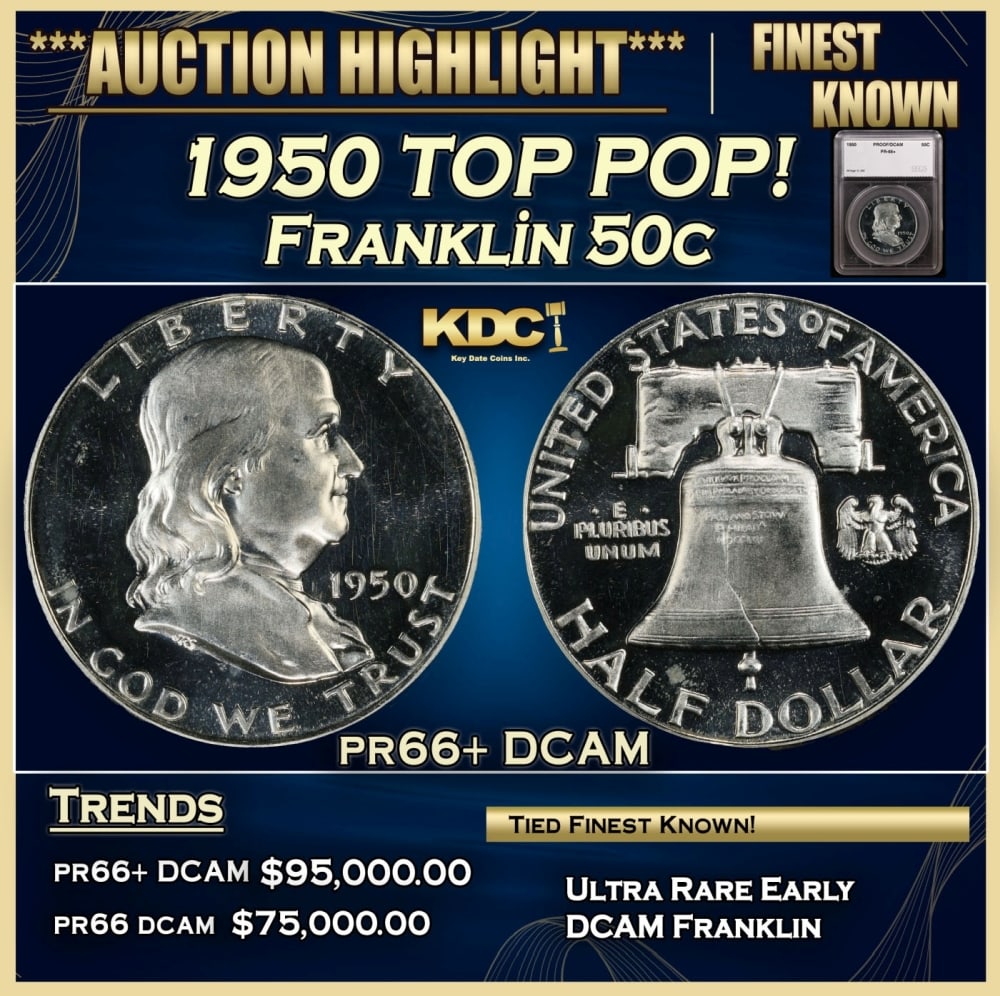 1950 Proof Franklin Half Dollar TOP POP! 50c pr66+ DCAM SEGS: 1950 TOP POP! Franklin Half Dollar 50c pr66+ DCAM SEGS. Historic precious metal trends is causing increased spot pricing by the day. On auctions with set openings, we are doing our best to have items