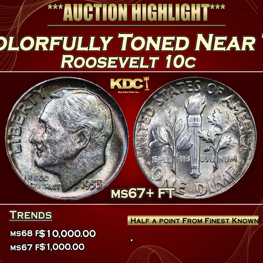 1953-p Roosevelt Dime Colorfully Toned Near Top Pop! 10c ms67+ FT SEGS: 1953-p Colorfully Toned Near Top Pop! Roosevelt Dime 10c ms67+ FT SEGS. 0 Historic precious metal trends is causing increased spot pricing by the day. On auctions with set openings, we are doing our b