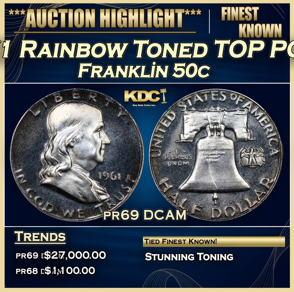 1961 Proof Franklin Half Dollar Rainbow Toned TOP POP! 50c pr69 DCAM SEGS: 1961 Rainbow Toned TOP POP! Franklin Half Dollar 50c pr69 DCAM SEGS. 0 Historic precious metal trends is causing increased spot pricing by the day. On auctions with set openings, we are doing our best