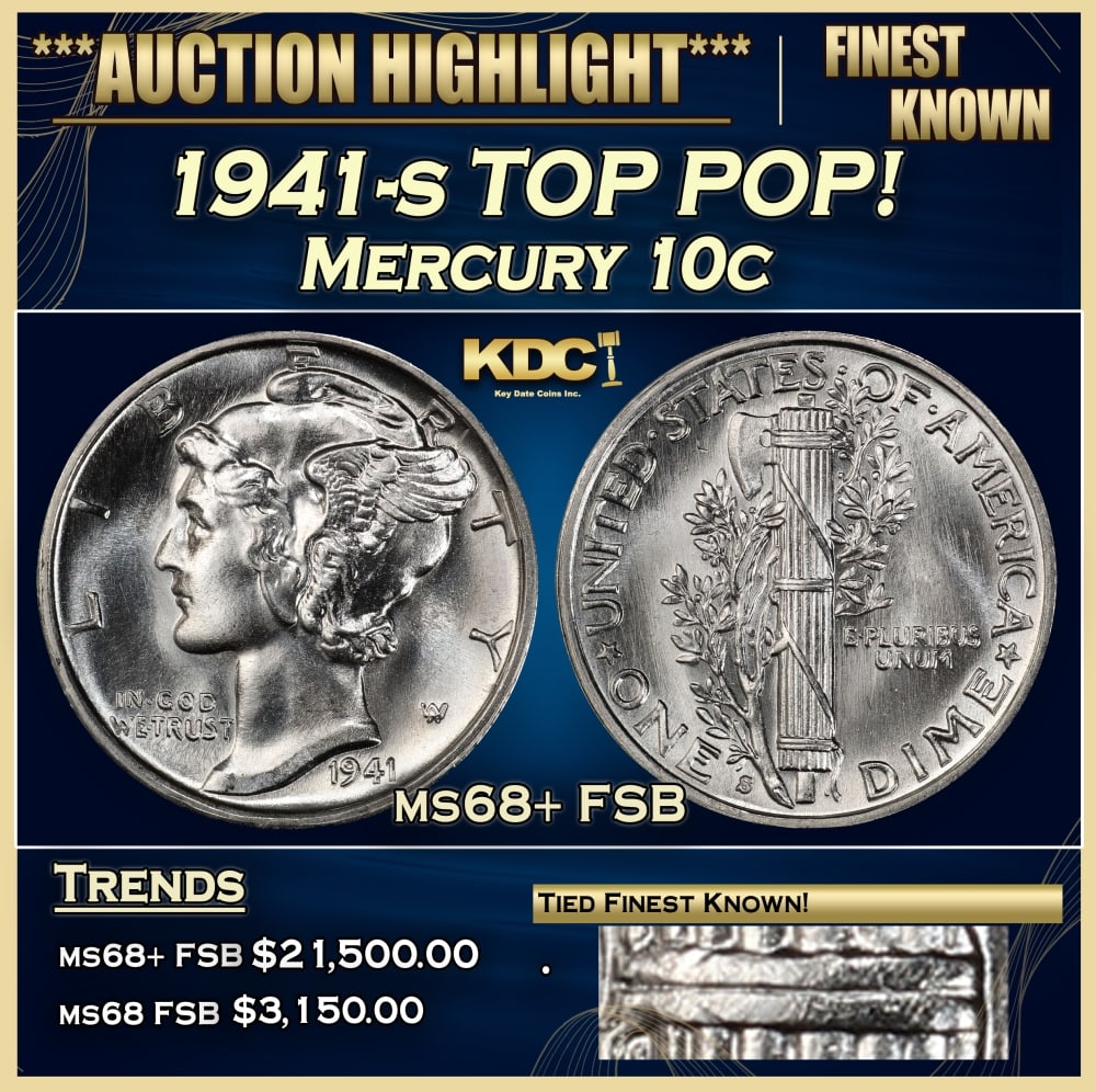 1941-s Mercury Dime TOP POP! 10c ms68+ FSB SEGS: 1941-s TOP POP! Mercury Dime 10c ms68+ FSB SEGS. Historic precious metal trends is causing increased spot pricing by the day. On auctions with set openings, we are doing our best to have items priced