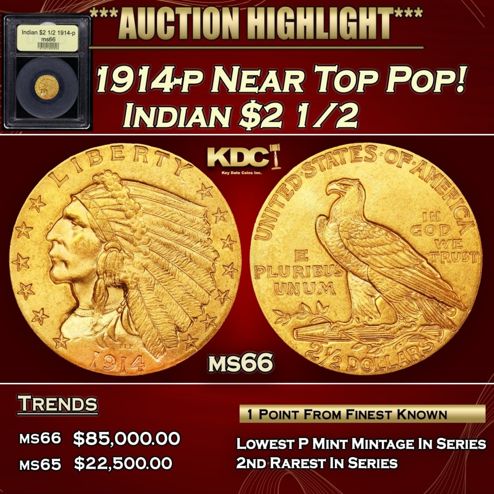 1914-p Gold Indian Quarter Eagle Near Top Pop! 2.5 ms66 USCG: 1914-p Near Top Pop! Gold Indian Quarter Eagle 2.5 ms66 USCG. The 1914 Indian quarter eagle boasts the lowest mintage of any Philadelphia issue of the series, at a mere 240,000 pieces. The 1914 is als
