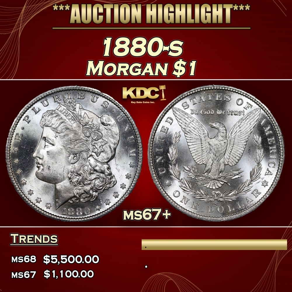 1880-s Morgan Dollar $1 ms67+ SEGS: 1880-s Morgan Dollar $1 ms67+ SEGS. 0 Historic precious metal trends is causing increased spot pricing by the day. On auctions with set openings, we are doing our best to have items priced at their ma
