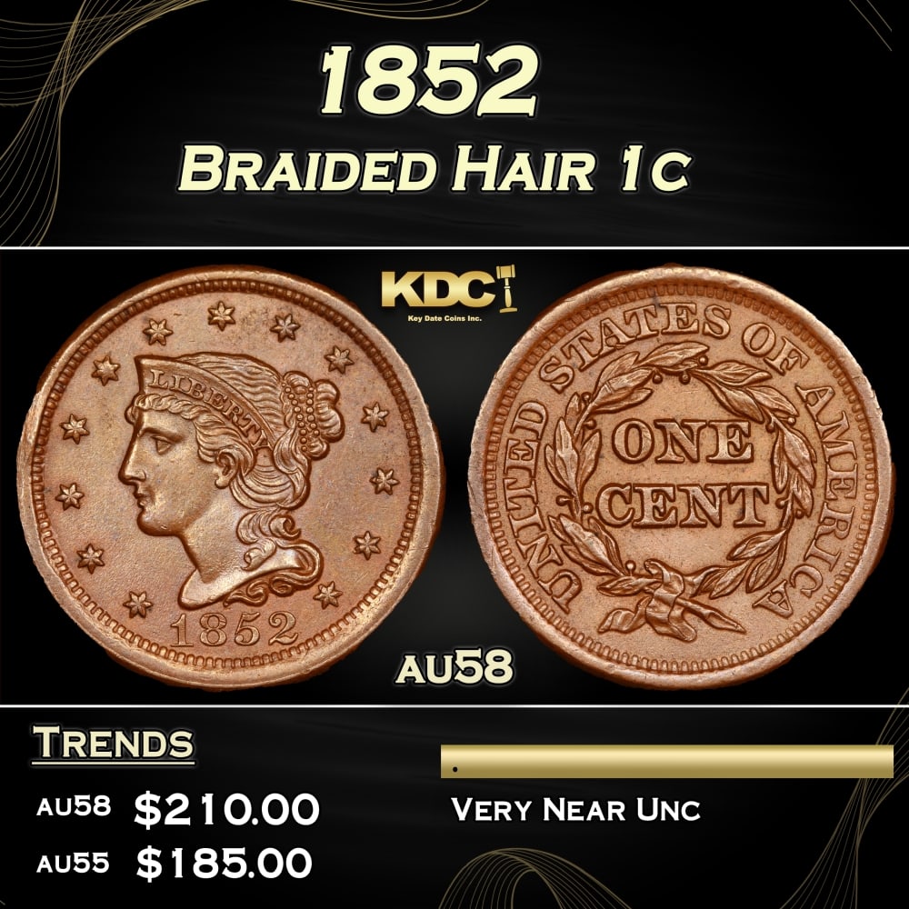 1852 Braided Hair Large Cent 1c Grades au58: 1852 Braided Hair Large Cent 1c Grades au58. 0 Historic precious metal trends is causing increased spot pricing by the day. On auctions with set openings, we are doing our best to have items priced at