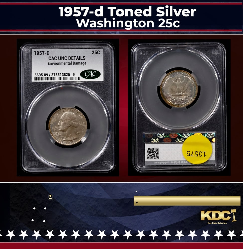 CACG 1957-d Washington Quarter Toned Silver 25c unc details CACG: CACG 1957-d Toned Silver Washington Quarter 25c unc details CACG. 0 Historic precious metal trends is causing increased spot pricing by the day. On auctions with set openings, we are doing our best to