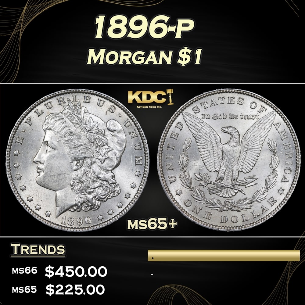 1896-p Morgan Dollar $1 Grades ms65+: 1896-p Morgan Dollar $1 Grades ms65+. 0 Historic precious metal trends is causing increased spot pricing by the day. On auctions with set openings, we are doing our best to have items priced at their
