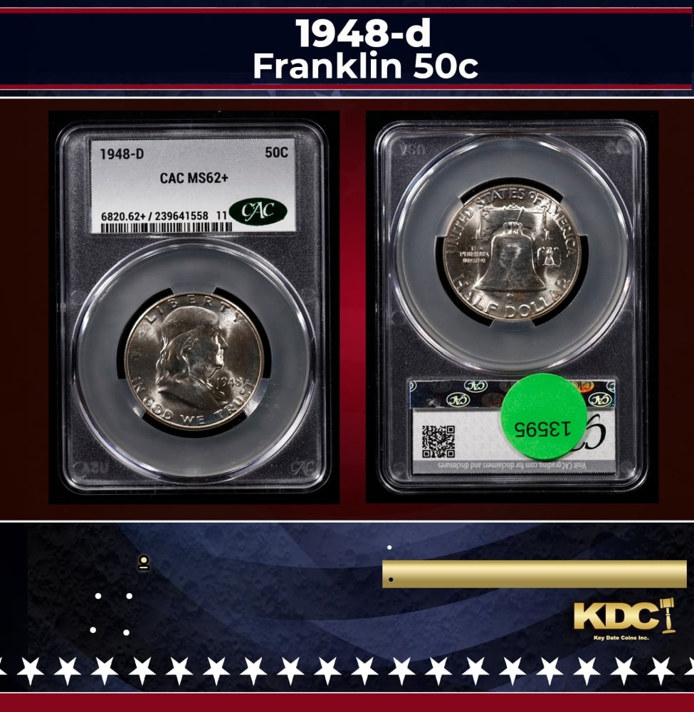 CACG 1948-d Franklin Half Dollar 50c ms62+ CACG: CACG 1948-d Franklin Half Dollar 50c ms62+ CACG. 0 Historic precious metal trends is causing increased spot pricing by the day. On auctions with set openings, we are doing our best to have items price