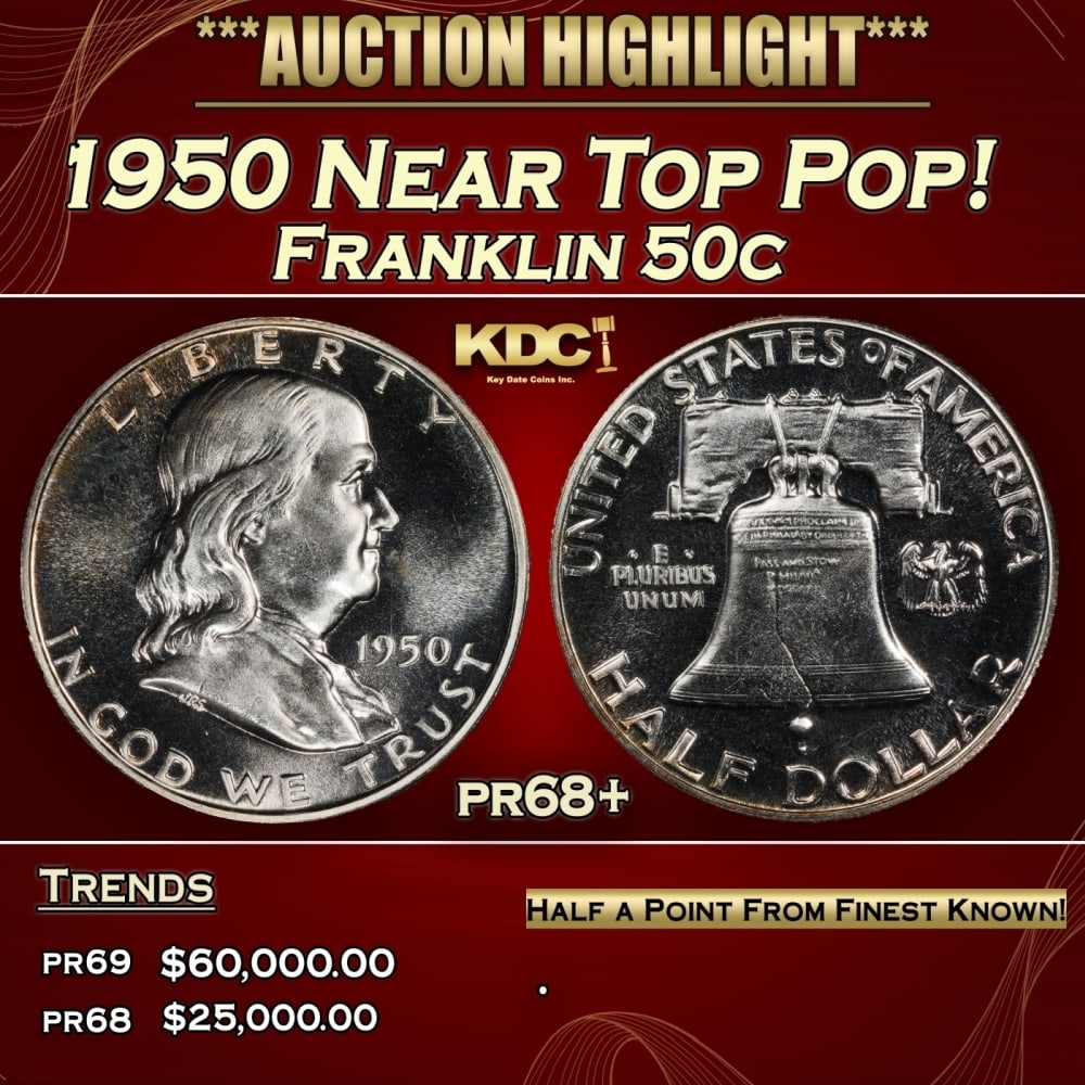 1950 Proof Franklin Half Dollar Near Top Pop! 50c pr68+ SEGS: 1950 Near Top Pop! Franklin Half Dollar 50c pr68+ SEGS. Historic precious metal trends is causing increased spot pricing by the day. On auctions with set openings, we are doing our best to have items