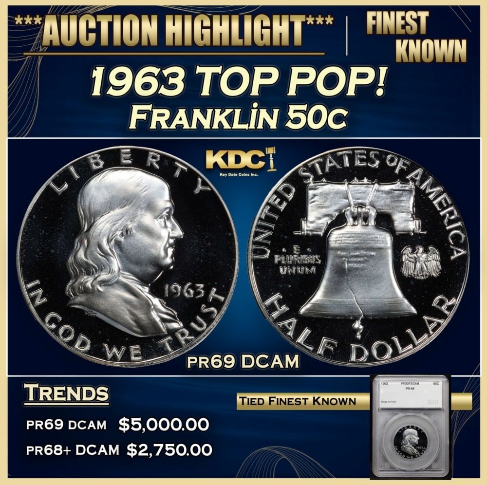 1963 Proof Franklin Half Dollar TOP POP! 50c pr69 DCAM SEGS: 1963 TOP POP! Franklin Half Dollar 50c pr69 DCAM SEGS. Historic precious metal trends is causing increased spot pricing by the day. On auctions with set openings, we are doing our best to have items p