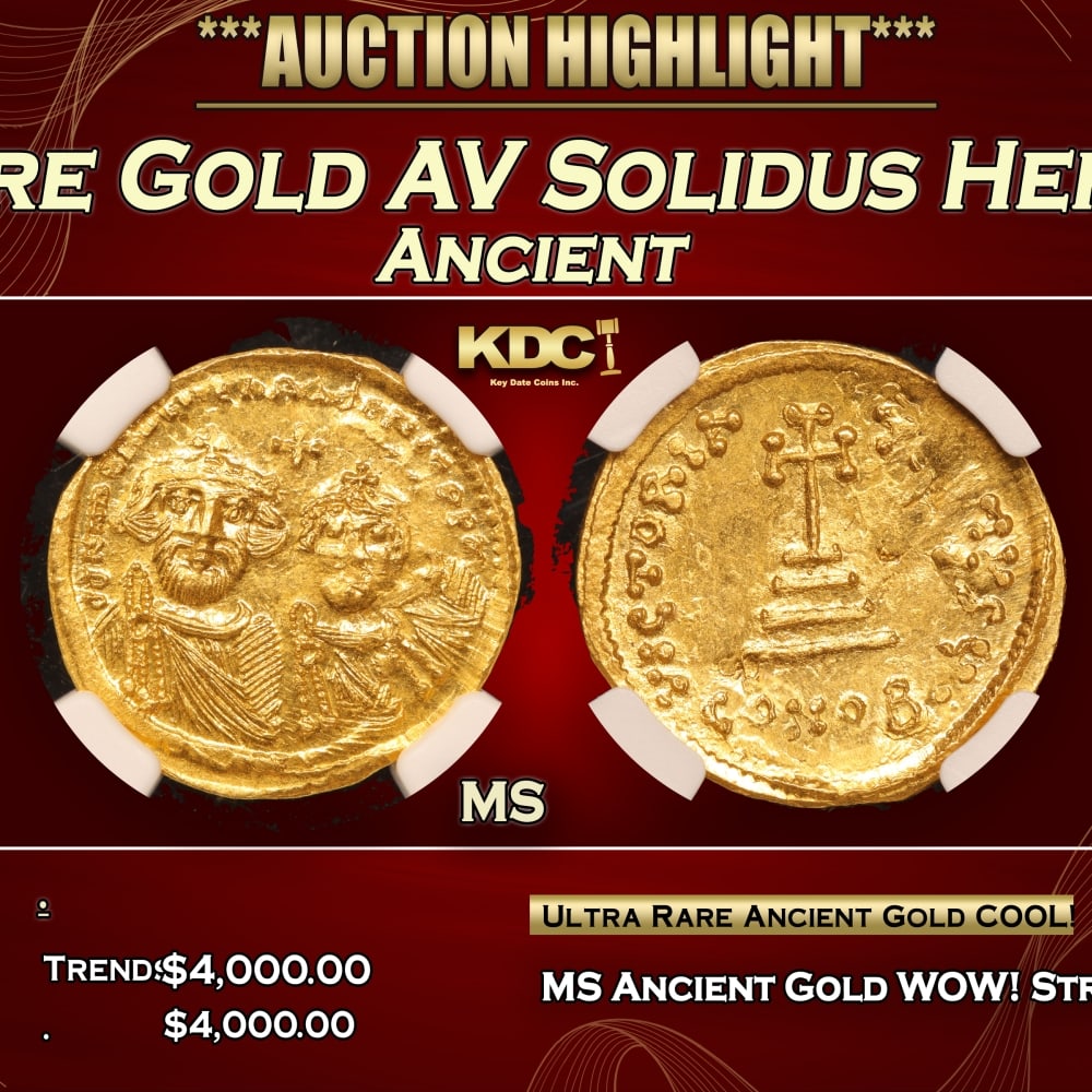 NGC 613-641 AD Byzantine Empire Gold AV Solidus Heraclius+Her. Constantine Ancient MS NGC: NGC 613-641 AD Byzantine Empire Gold AV Solidus Heraclius+Her. Constantine Ancient MS NGC. 0 This Gold coin dates from the reign of the Byzantine Emperor Heraclius (A.D. 610 - 641). Heraclius was one