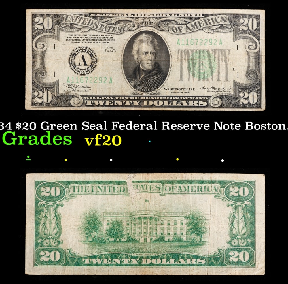 1934 $20 Green Seal Federal Reserve Note Boston, MA Grades vf, very fine: 1934 $20 Green Seal Federal Reserve Note Boston, MA Grades vf, very fine. Historic precious metal trends is causing increased spot pricing by the day. On auctions with set openings, we are doing our b