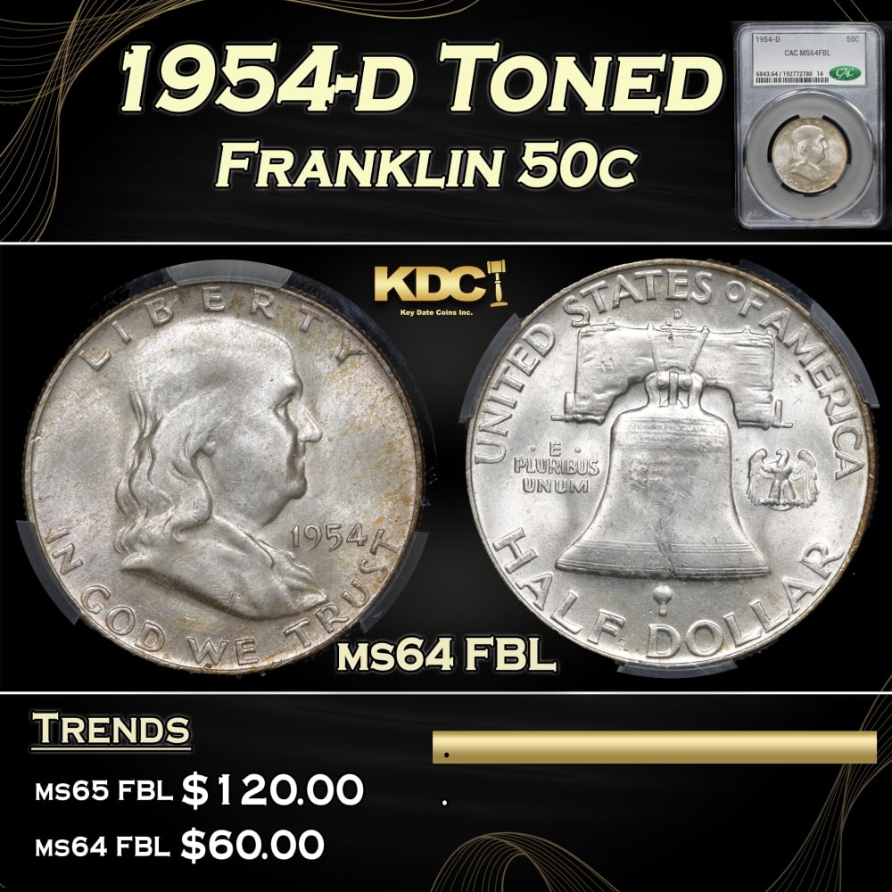 CACG 1954-d Franklin Half Dollar Toned 50c ms64 FBL CACG (1 of 5)