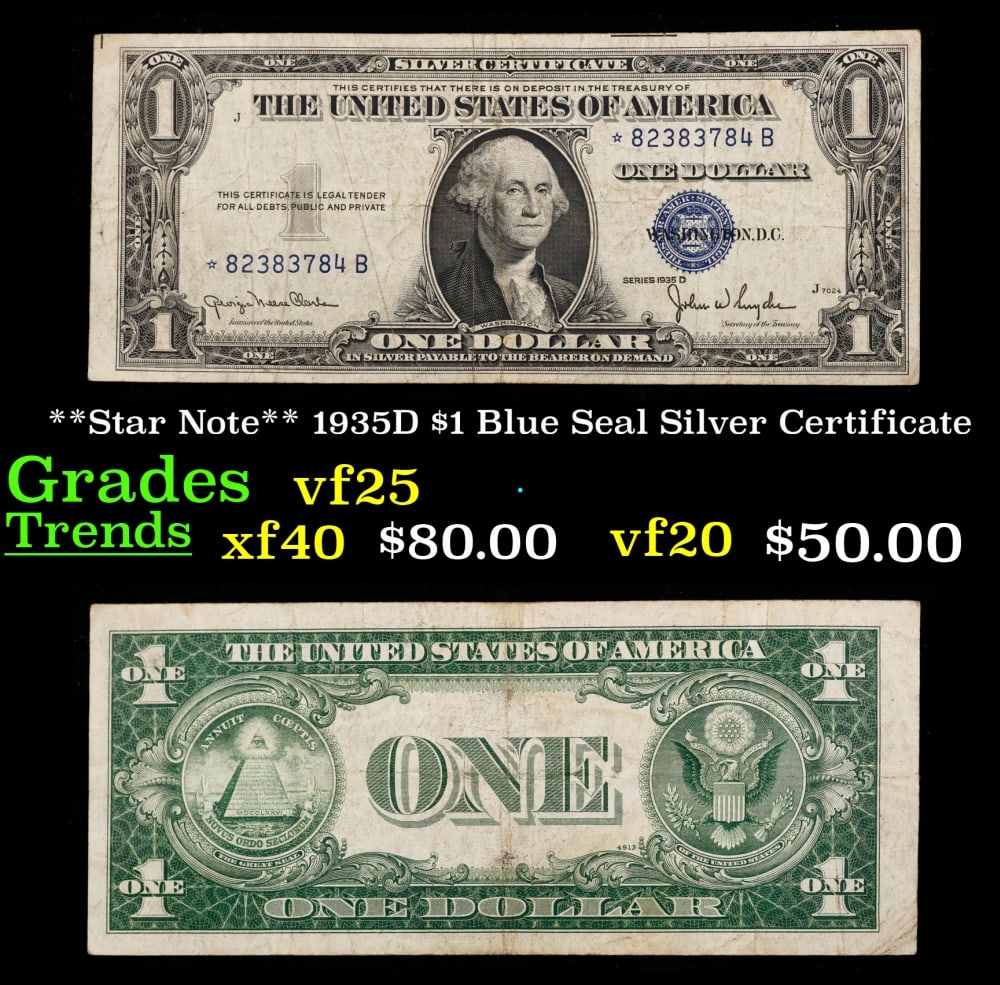 **Star Note** 1935D $1 Blue Seal Silver Certificate Grades vf+ (1 of 3)