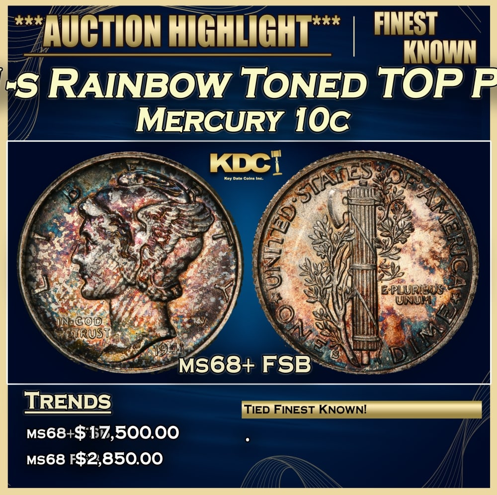 1941-s Mercury Dime Rainbow Toned TOP POP! 10c ms68+ FSB SEGS: 1941-s Rainbow Toned TOP POP! Mercury Dime 10c ms68+ FSB SEGS. 0 Historic precious metal trends is causing increased spot pricing by the day. On auctions with set openings, we are doing our best to ha