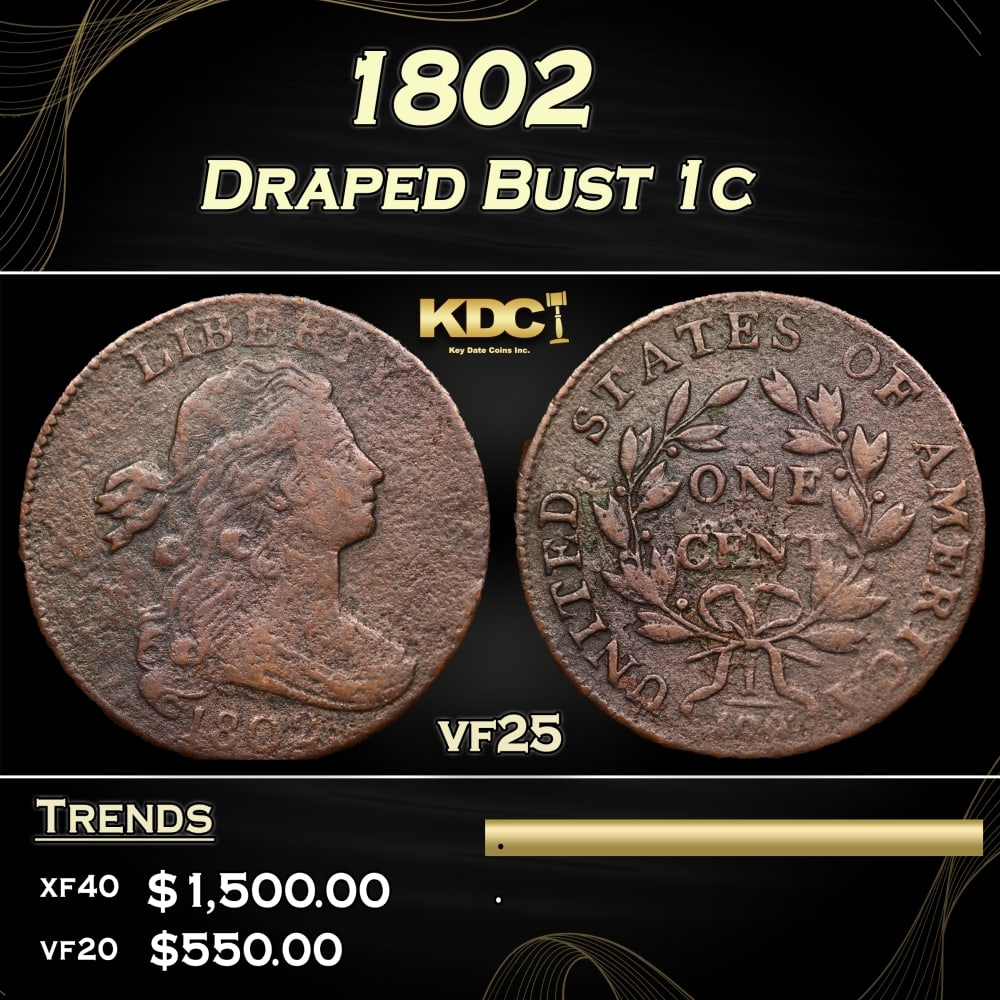 ***Auction Highlight*** 1802 Draped Bust Large Cent 1c Grades vf25 By SEGS (fc): ***Auction Highlight*** 1802 Draped Bust Large Cent 1c Grades vf25 By SEGS. A Key Date's Pick, Bid to Win CoinHistoric precious metal trends is causing increased spot pricing by the day. On auctions w