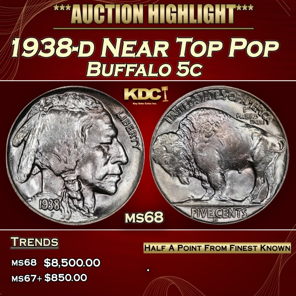1938-d Buffalo Nickel Near Top Pop 5c ms68 SEGS: 1938-d Near Top Pop Buffalo Nickel 5c ms68 SEGS. Historic precious metal trends is causing increased spot pricing by the day. On auctions with set openings, we are doing our best to have items priced
